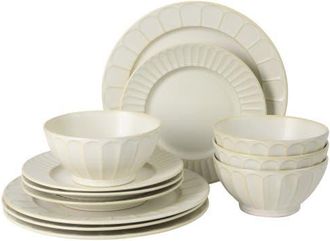 Gibson Home Winchester Way 12-Piece Plates and Double Bowls Stoneware Dinnerware Set, Microwave & Dishwasher Safe in Off White at Nordstrom