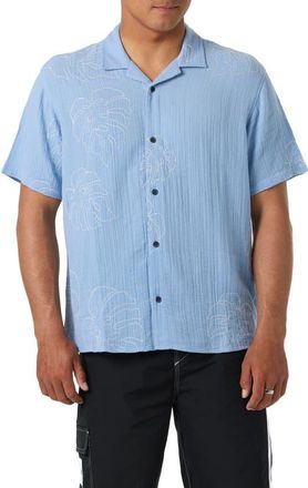 O'Neill Pipeline Rodeo Monstera Embroidered Gauze Camp Shirt in Blue Glass at Nordstrom, Size Xx-Large