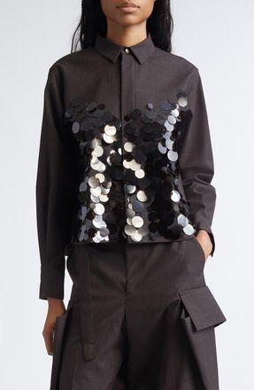 sacai Sequin Embroidered Wool Suiting Button-Up Shirt in Brown/Brown at Nordstrom, Size 2
