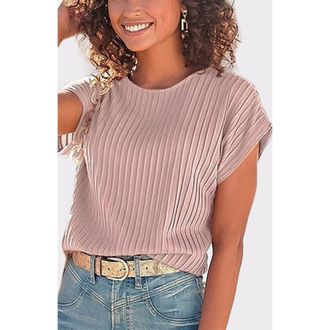 Lascana Ribbed Short Sleeve Top in Mauve at Nordstrom, Size 10