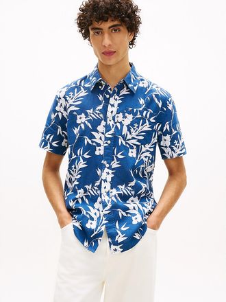 Tommy Hilfiger Mens Tropical Print Linen-Blend Shirt - Blue - XXL
