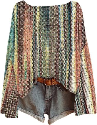 Generic Womens Knitted Oversized Jumpers Womens Lightweight Long Sleeve Sweatshirts Ladies Retro Ethnic Prints Jumpers Sweatshirts Color Soft Fashion for Ladi