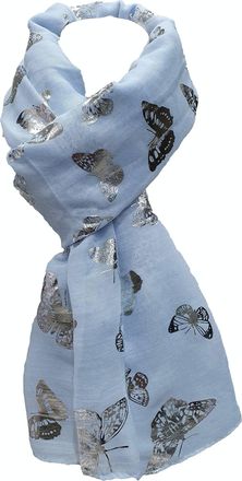 World of Shawls New Butterfly Print Ladies Celebrity Style Scarves Maxi, Scarf, Wrap, Sarong, shawls (Baby Blue With Silver Foil Butterfly)