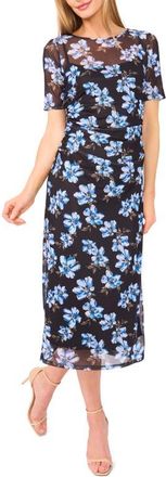 CeCe by Cynthia Steffe Ruched Floral Midi Dress in Rich Black at Nordstrom, Size Small