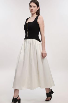 Karen Millen Womens Petite Compact Stretch Cotton Mix Tailored Full Skirted Midi Dress - Monochrome Multi - Size 10 UK