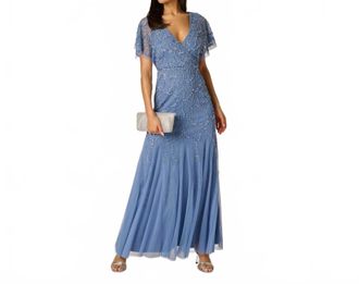 Adrianna Papell Flutter Sleeve Surplice Beaded Evening Gown In French Blue