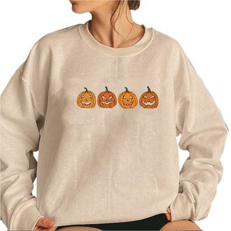 Generic hahuha Women Casual Hoodless Sweatshirt Cute Sweatshirt Halloween Evil Pumpkin Head Print Pullover Sweatshirt Long Sleeve Sweatshirt Teen Girls Autumn
