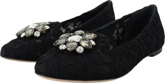 Dolce & Gabbana Womens Black Taormina Lace Crystals Flats Shoes Cotton