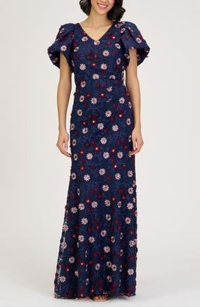JS Collections Jade Floral Appliqu&eacute; Gown in Navy Multi at Nordstrom Rack, Size 18