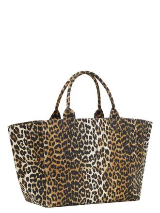 Ganni Womens Tote Bag Leopard Print Multicolour Recycled Cotton Handbags Hand