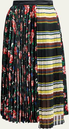 sacai Mixed-Print Pleated Midi Skirt