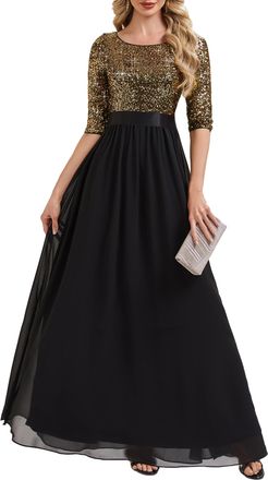 Ever-pretty Womens Sequin Evening Dresses 3/4 Sleeves A Line Chiffon Cocktail Party Long Dress Black Gold 16