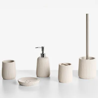 Beliani Conjunto De 5 Accesorios De Ba&ntilde;o Jabonera Dispensador De Jab&oacute;n Escobilla De Inodoro Vaso Soporte Para Cepillos De Dientes Beige Pozuzo