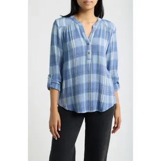 Bobeau Roll Sleeve Plaid Top in Denim Plaid at Nordstrom, Size X-Large