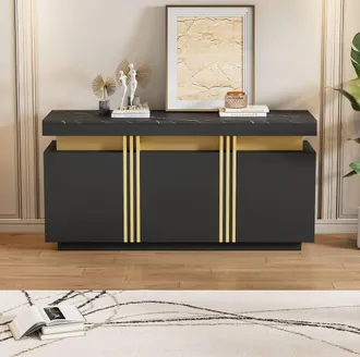 STILVORA Black & Gold Sideboard with 3 Doors & Adjustable Shelves
