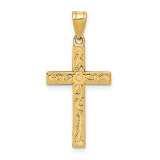 Diamond2Deal 14k Yellow Gold Etched Floral Cross Pendant