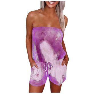 Generic Women Bandeau Playsuit Short Beach Sexy Cutout Backless Sleeveless Jumpsuit Casual Loose Short Jumpsuit Tie Dye Romper