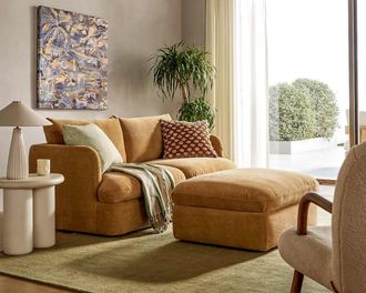 Castlery Ollie Storage Sofa with Ottoman, Mustard Brown, Removable Covers, Gaslift Storage for Living Room