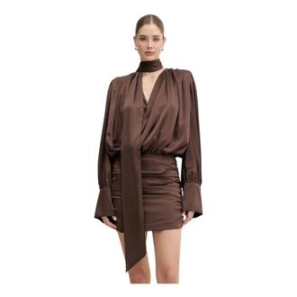 Rotate Rotate Birger Christensen - Chiffon Ls V-neck Jurk - Dames - Jurken - Bruin - Maat: M Chiffon
