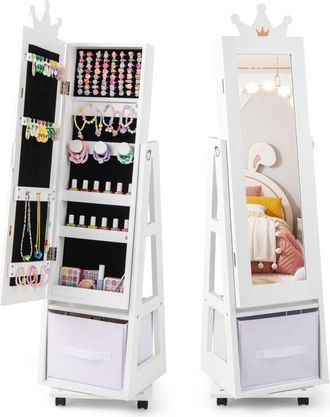 Costway Armadio portagioie, specchio da terra con base girevole, ruote universali bloccabili, specchio per il trucco con contenitore per bambini