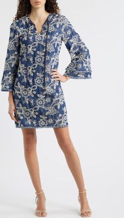 Eliza J Floral Embroidered Split Neck Shift Dress in Denim at Nordstrom, Size 12