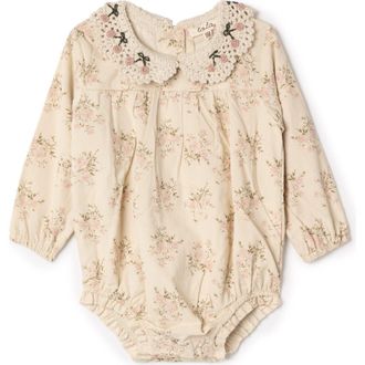 Lola Flower Crochet Collar Corduroy Floral Bubble Romper in Rose Cloud at Nordstrom, Size 18M