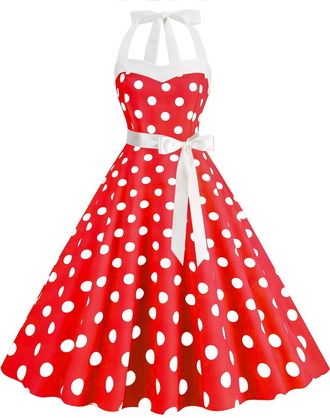 Generic Womens 50s 60s Retro Halter Neck Polka Dot Print A Line Rockabilly Dress Sleeveless Backless Vintage Swing Prom Party Dresses Formal Knee Length Cockt