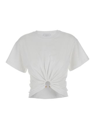 Paco Rabanne White Crewneck Top With Short Sleeves And Ruched Cut-Out On The Front In Cotton Woman