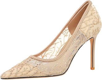 Generic Women Pointed Toe High Heels Woman 9CM Thin Heels Ladies Sexy Pumps Lace Mesh Sequin for Bride Prom Party (2.5) Beige