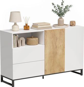 HOMCOM Homcom Aparador De Sal&oacute;n Con 2 Puertas, 2 Cajones, Compartimento Abierto, Armario De Cocina Con Estante Ajustable, 140x40x85 Cm, Blanco Y Roble
