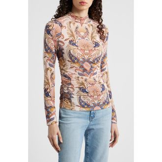 Farm Rio Sea Garden Ruched Mock Neck Top in Sea Garden Scarf at Nordstrom, Size X-Large