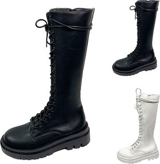 Generic Womens Knee-High Boots, Ladies Comfortable Chunky Block Heel Tie Up Round Toe Pull On Lace Up with Side Zipper Riding Shoes Durable Fashion Motorcycle