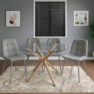 Kosy Koala Round Glass Dining Table With 4 grey velvet Chairs Dining Furniture