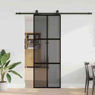 vidaXL Puerta Corredera Con Herrajes Negro 76x205 Cm Vidrio Templado