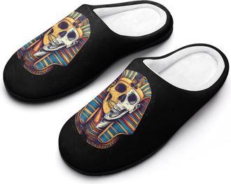 Generic Egyptian Pharaoh Skull Funny Mens Slippers Cotton Warm House Shoes Memory Foam Sandals Print Size 7-14