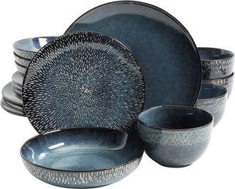 Gibson Home Matisse 16-Piece Double Bowl Dinnerware Set, Cobalt