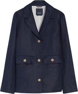 Max Mara Elegante Linnen Blazer met Gouden Knopen - Dames - Blazers - Blauw - 2XS - Linnen - Jassen