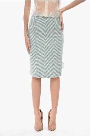 Off-white Wool Midi Skirt with Herringbone Pattern size 40