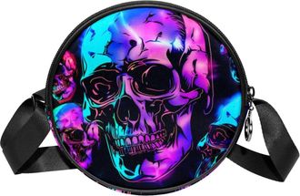 Generic Circle Crossbody Bag for Women, Skulls Small Sling Bag Daypack with Zipper Adjustable Shoulder Straps Casual Ladies Girls Round Purse