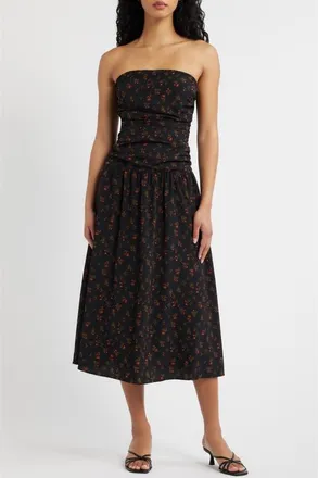 Lulus Molly Floral Print Strapless Midi Dress in Black Floral at Nordstrom, Size X-Large