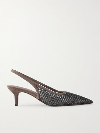 Brunello Cucinelli D&eacute;collet&eacute; Slingback In Mesh Decorato Con Finiture In Camoscio - Marrone