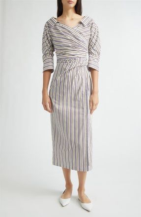 Lela Rose Stripe Asymmetric Cotton Shirtdress in Cream Multi at Nordstrom, Size 10