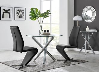 Furniturebox Selina Round Glass & Chrome Metal Dining Table & Luxury Willow Chairs Set in Black | Size: 2 Person