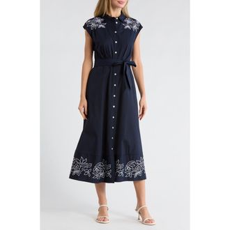 Ellen Tracy Floral Embroidered Poplin Shirtdress in Navy at Nordstrom Rack, Size X-Small