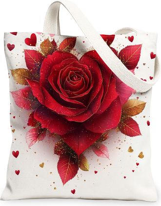 Generic Valentines Day Rose Floral Canvas Tote Bag for Shopping 13x15, Romantic Flower Love Reusable Grocery Print Pattern Bag for Women, Holiday Beach Aesthe