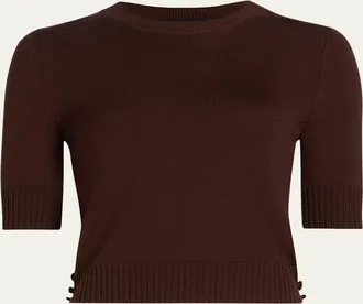 Oscar De La Renta Short-Sleeve Button-Side Crewneck Sweater