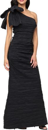 Alex Evenings Bow Detail One-Shoulder Ruched Satin Gown in Black at Nordstrom, Size 16