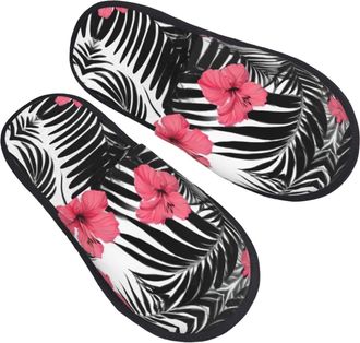 Generic Fuzzy Slippers Red Hibiscus Printing Fluffy Slippers Unisex Non Slip Slipper For Guest Party Spa M