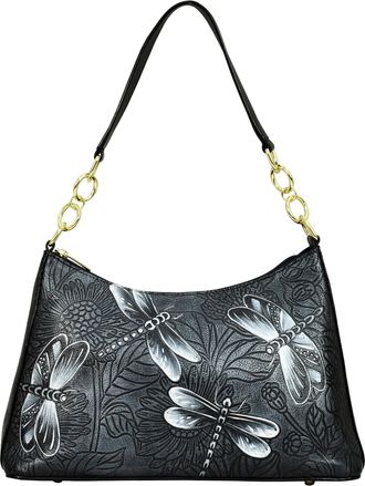 Anuschka Womens Original Hand-Painted Genuine Leather Hobo with Chain Strap - Tooled Dragonfly Meadow Pewter