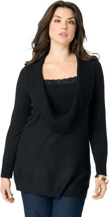 Roaman's Plus Size Lightweight Cowl Neck Sweater With Lace Trim in Black at Nordstrom, Size Medium